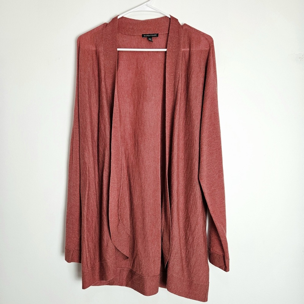 Eileen Fisher‎ Open Front Cardigan Sz M Oval Hem Sleek Tencel Merino Alpaca Knit